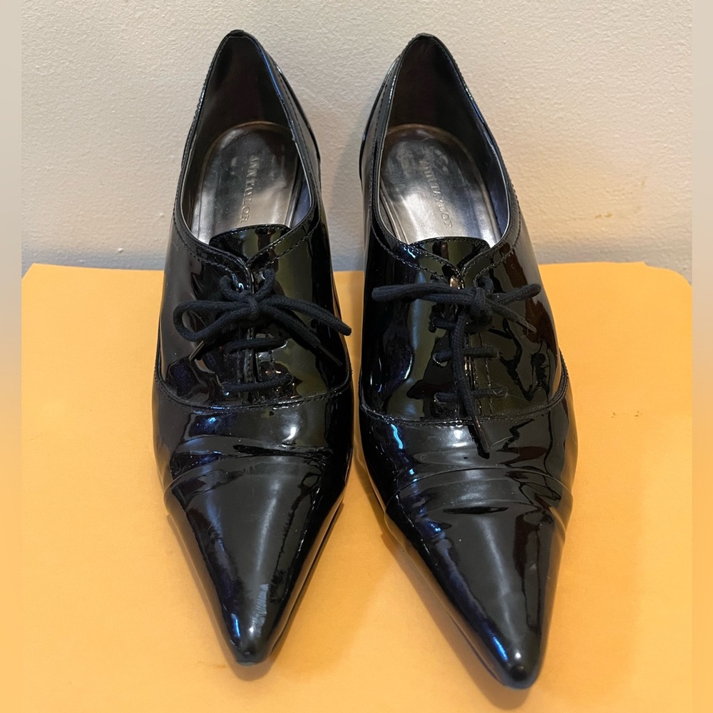 Ann Taylor Cannes Pointy Toe Oxford Size 7m Black Patent Leather Made In Brazil